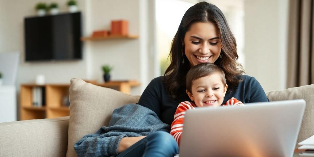 Single mum working on laptop with child on lap.