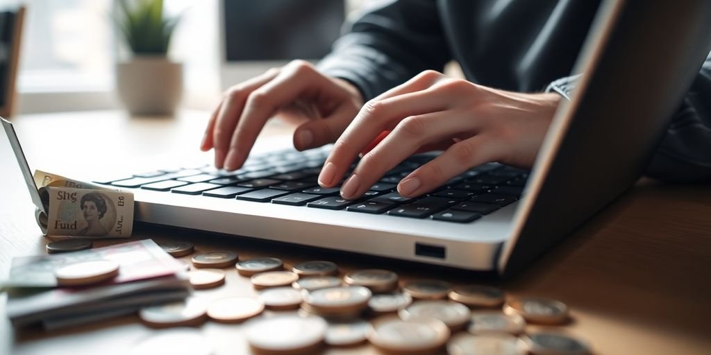 Person online earning money, British pounds.