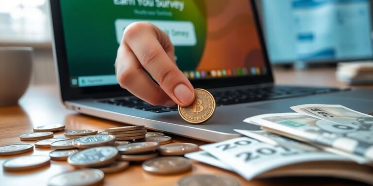 UK money, laptop, and a hand holding coins.