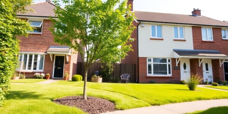 UK houses, terraced and semi-detached, under a blue sky.