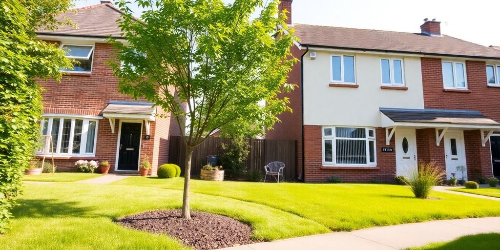 UK houses, terraced and semi-detached, under a blue sky.