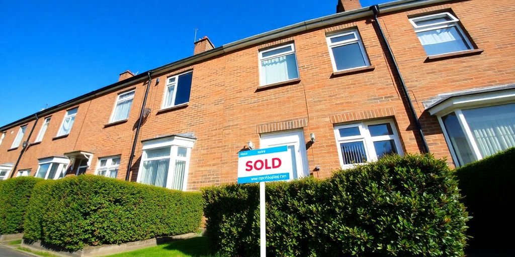 A terraced house with a sold sign outside.