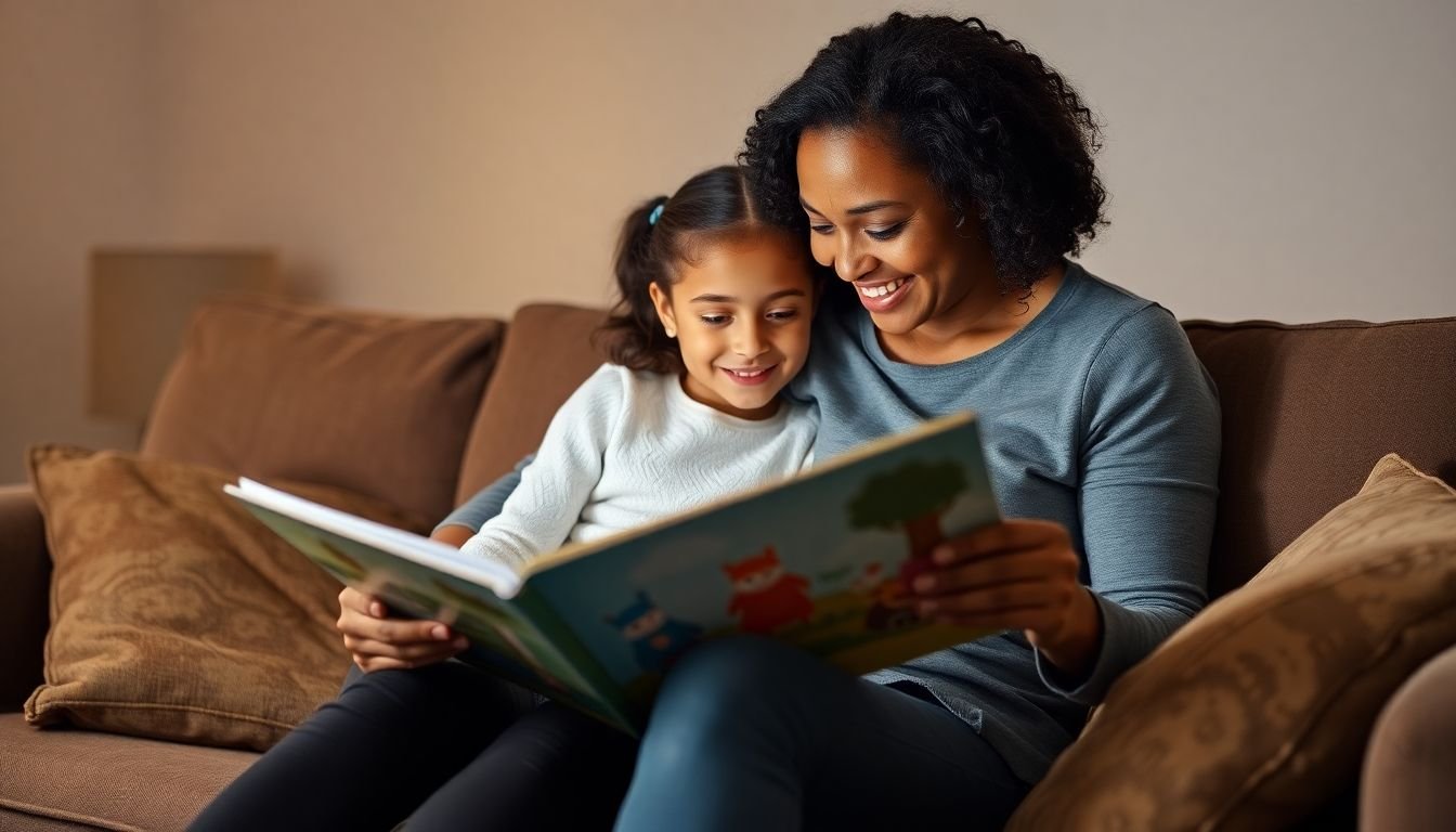 Single mom and daughter reading together
