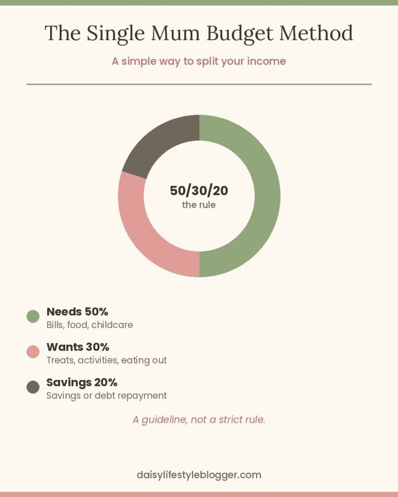 Single mum budget UK: the 50/30/20 rule explained in a pie chart